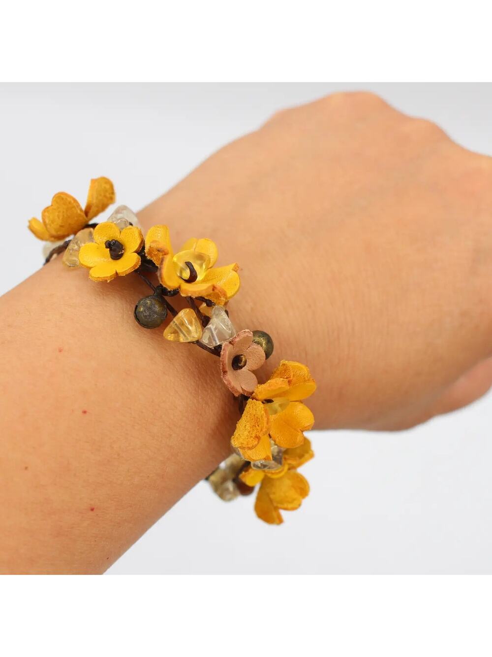 Handmade Genuine Leather Flower Bracelet w Stones Yellow Bracelet Neutral